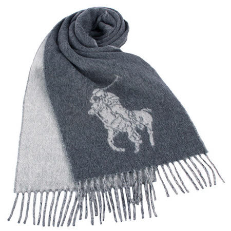 【私心大推】gohappyRALPH LAUREN POLO  大馬Logo雙色羊毛流蘇圍巾-灰色價格大 遠 百 美食