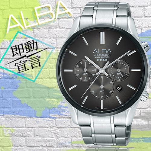 ALBA 都會商務時尚風三眼計時腕錶-黑／42mm／VD53-X238D(AT3963X1)