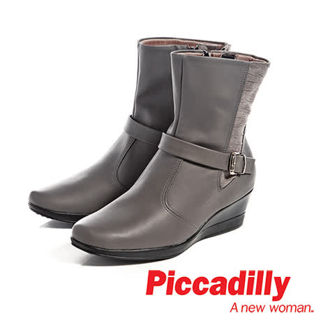 【網購】gohappy 線上快樂購Piccadilly(女)軟布皮革釦環中跟楔型靴-灰咖好嗎遠 百 禮券 折扣