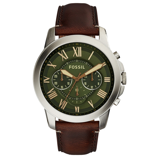 FOSSIL 古典伯爵三環計時腕錶-橄欖綠x銀框x咖啡色皮帶