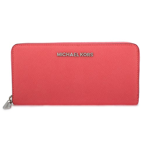 MICHAEL KORS 素面防刮皮革拉鍊長夾-珊瑚色