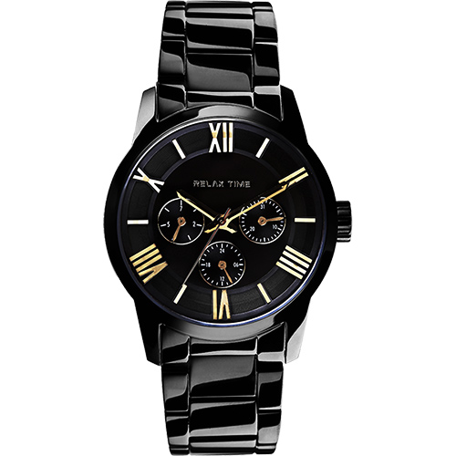 RELAX TIME RT65 羅馬情人日曆腕錶-金時標x黑／45mm RT-65-1M
