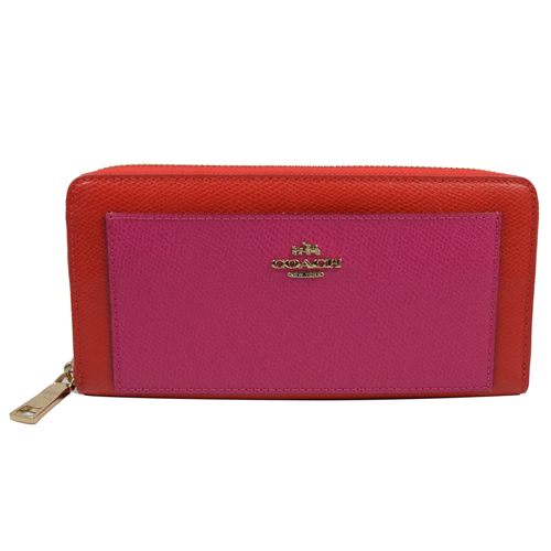 COACH 馬車LOGO防刮撞色皮革拉鍊長夾.紅/桃紅 COACH 馬車LOGO防刮撞色皮革拉鍊長夾.紅/桃紅