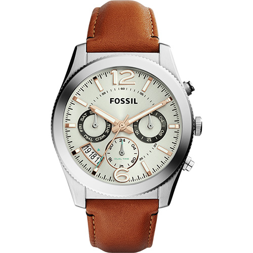 FOSSIL Perfect Boyfriend 兩地時間日曆腕錶-銀灰x棕／39mm ES3932