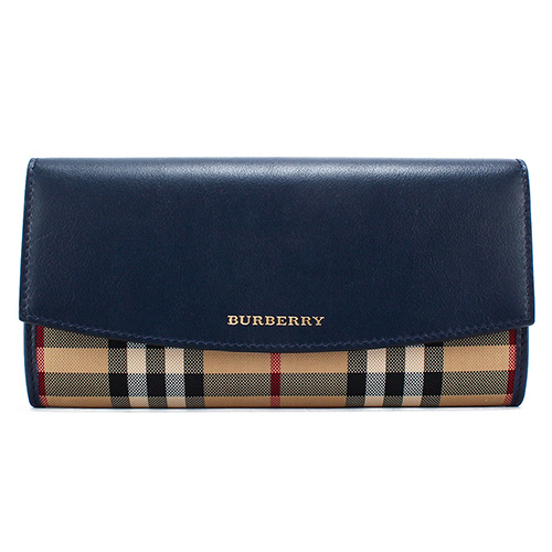BURBERRY Horseferry格紋拼接皮革壓扣多卡長夾-炭藍色