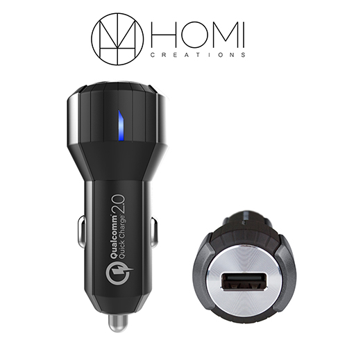 HOMI 高通認證快充 QC2.0 車用充電器 (附皮質捲線器)