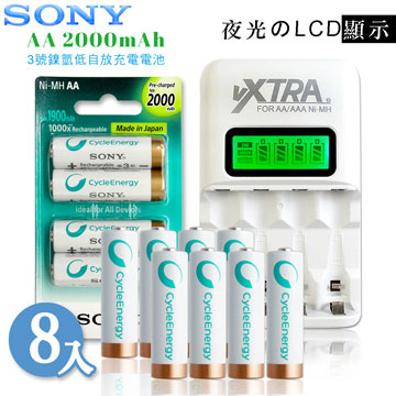 VXTRA飛創 LCD 2.4A急速充電器+SONY低自放3號2000mAh充電電池(8顆入) VXTRA飛創 LCD 2.4A急速充電器+SONY低自放3號2000mAh充電電池(8顆入)