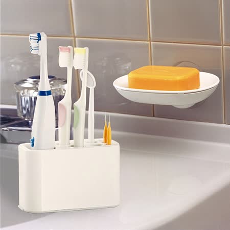 【網購】gohappy快樂購【特惠組】日本LEC 可變換收納牙刷架+兩用式吸盤皂盤哪裡買go happ
