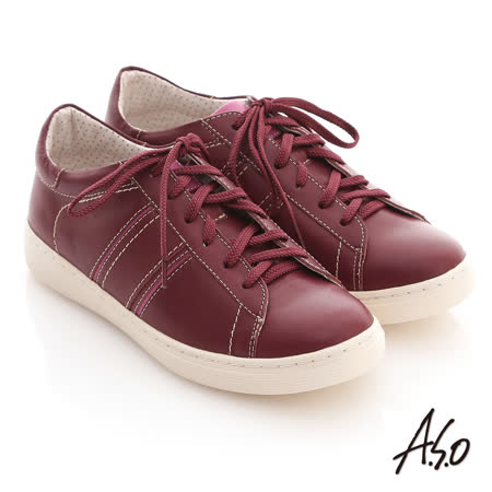 【網購】gohappy快樂購物網【A.S.O】3D奈米系列 全真皮綁帶雙色拼接休閒鞋(紫紅)去哪買愛 買 分店