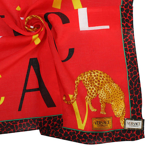 VERSACE 字母豹紋飾邊領帕巾-紅