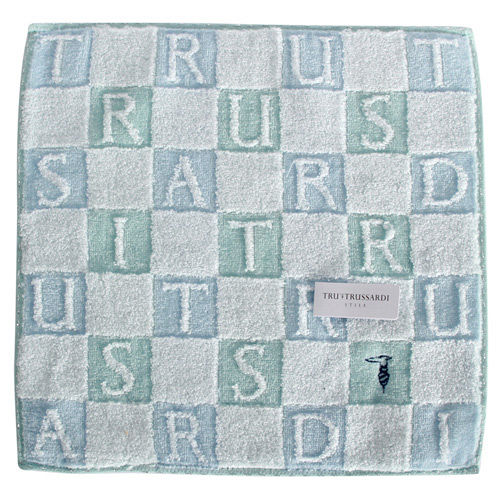 TRUSSARDI 立體字母雙色格棉質方巾-藍綠