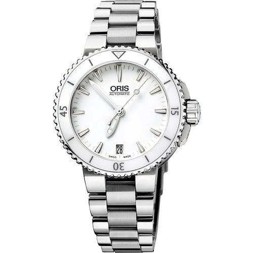 Oris Aquis 時間之海專業潛水機械腕錶(73376524156MB)-白／銀