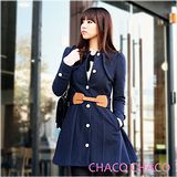 現貨【CHACO韓國】極致優雅排釦洋裝式羊毛外套+腰封CLCD-C-9(丈青色M)