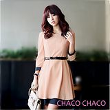 預購【CHACO韓國】秀雅迷人雙層裙擺七分袖洋裝+皮帶CLDA-O-17 粉色ML