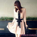 預購【CHACO韓國】配色雪紡金釦六分袖綁帶連身洋裝CLDA-O-6(粉色ML)