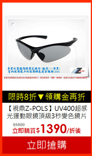 【視鼎Z-POLS】UV400超感光運動眼鏡頂級3秒變色鏡片系列