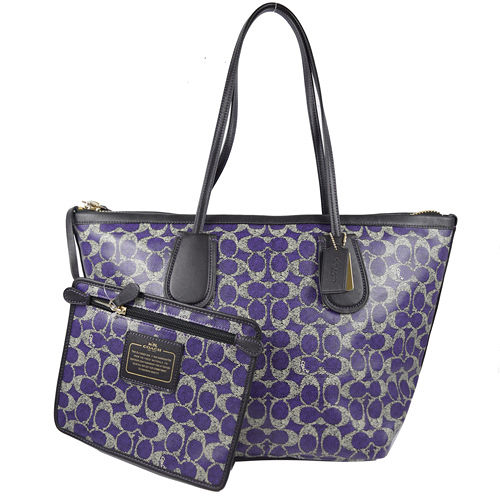 coach 经典logo防水pvc肩背大托特包.紫/黑边